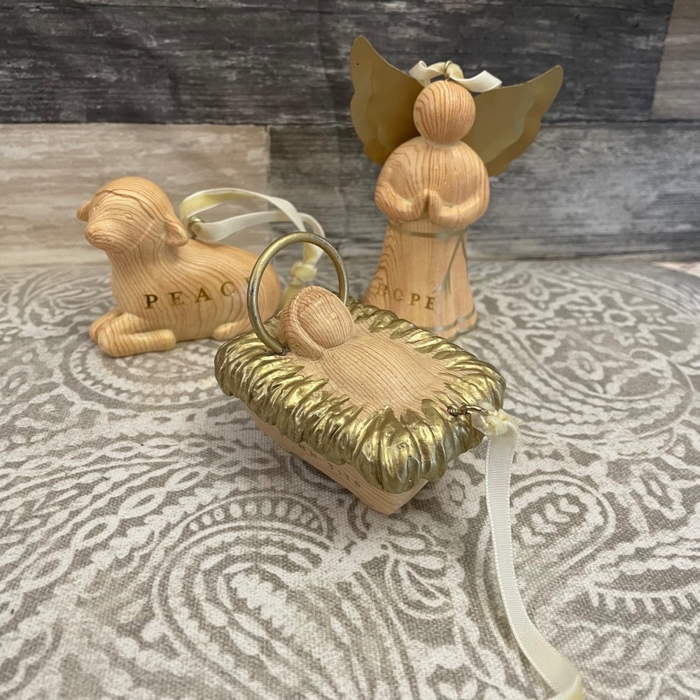 Mary & Martha Nativity Ornament Set 3pc Angel Lamb Baby Jesus Gold Wood Grain